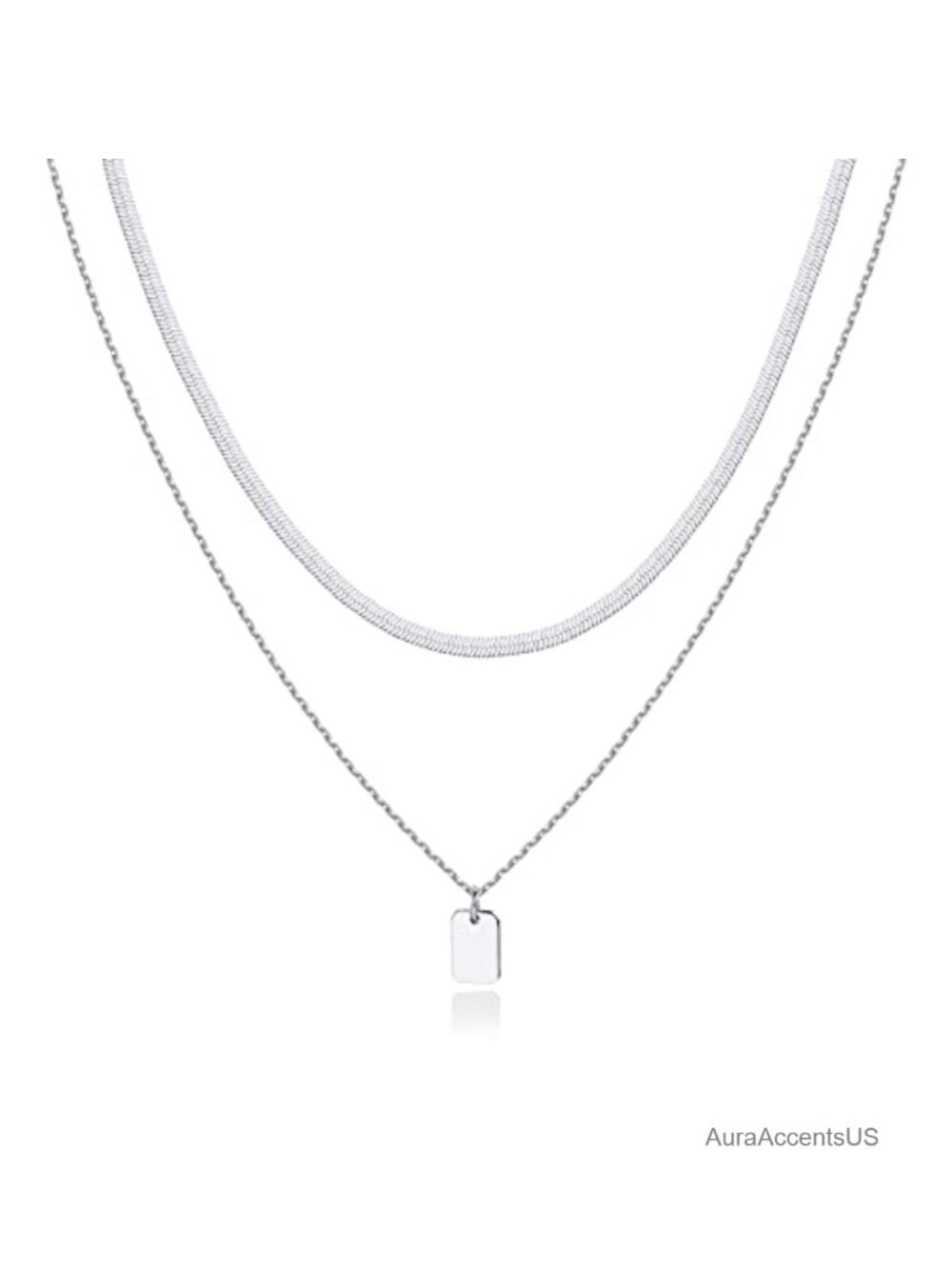 14K Gold Plated Layered Dog Tag & Herringbone Necklace Hypoallergenic